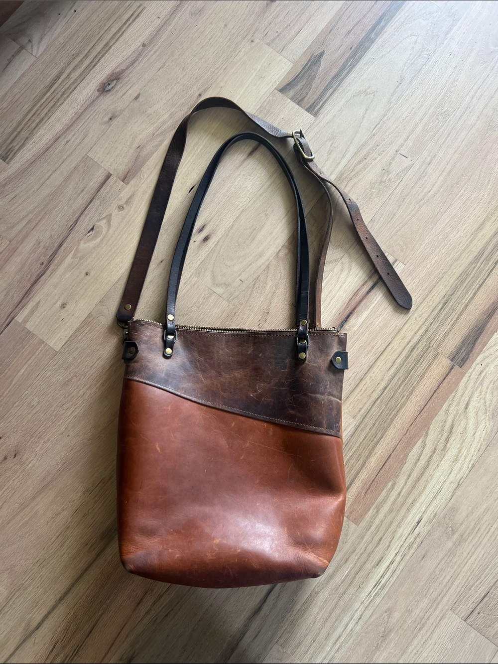 In Blue Handmade Leather Two-Tone Brown Crossbody Tote